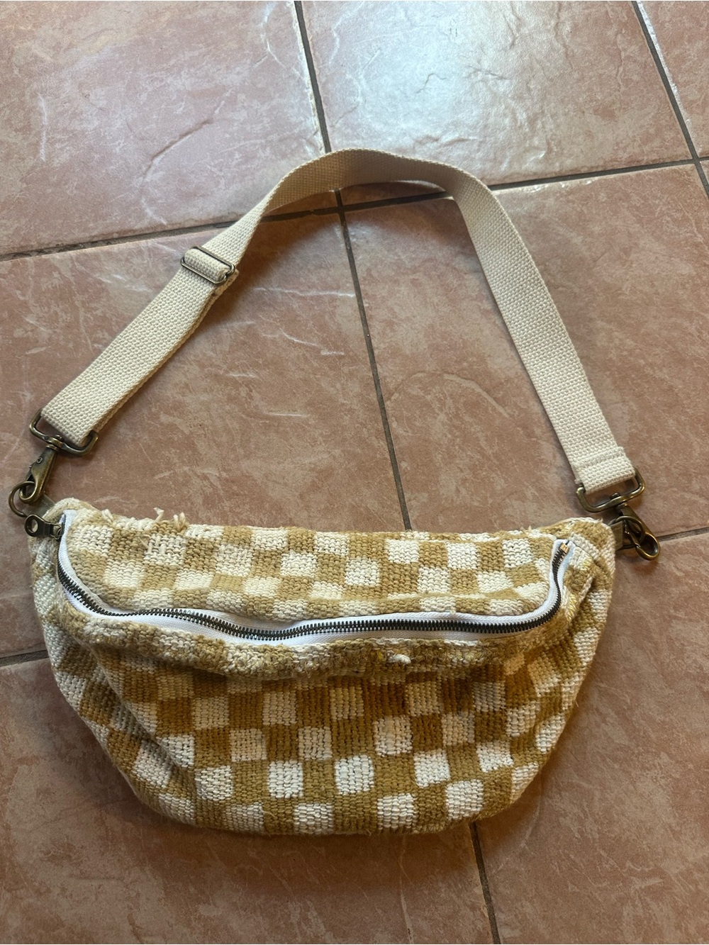 Woven Checkerboard Crossbody Bag in Beige and Cream